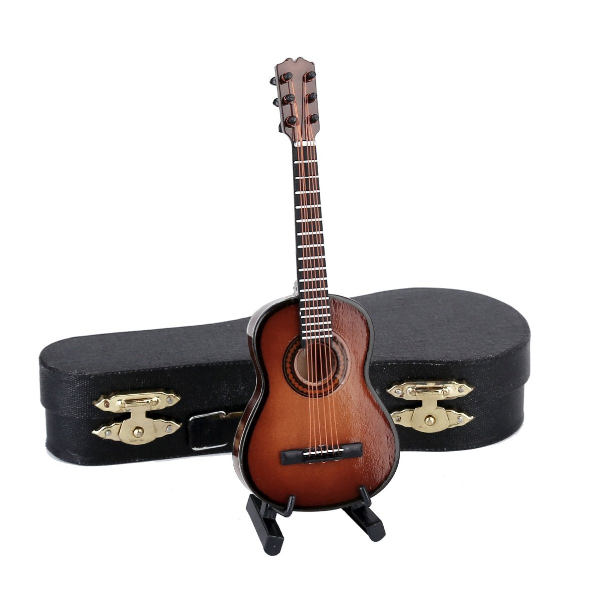 Wooden Miniature Guitar Replica with Stand and Case - Brown, 5.12in x 1.86in x 0.68in