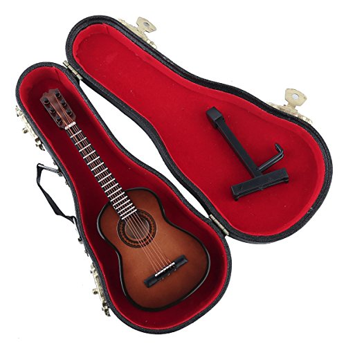 Wooden Miniature Guitar Replica with Stand and Case - Brown, 5.12in x 1.86in x 0.68in