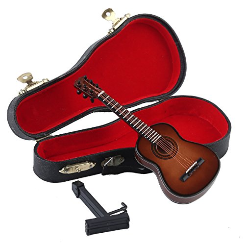 Wooden Miniature Guitar Replica with Stand and Case - Brown, 5.12in x 1.86in x 0.68in