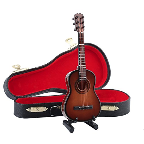 Wooden Miniature Guitar Replica with Stand and Case - Brown, 5.12in x 1.86in x 0.68in