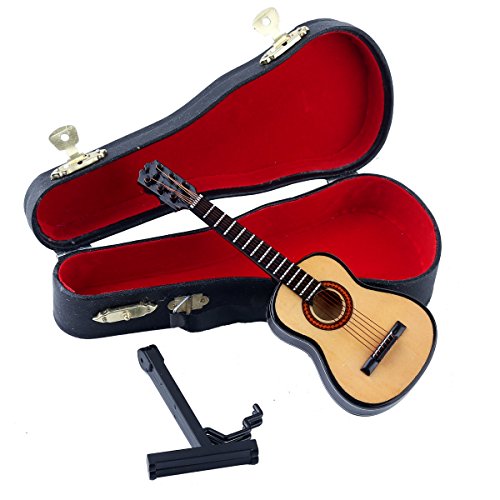 Wooden Miniature Guitar Replica with Stand and Red Velvet Case - 6 Strings, Non-Playable Collectible for Dollhouse or Shelf Display