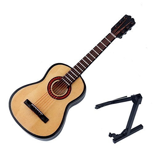 Wooden Miniature Guitar Replica with Stand and Red Velvet Case - 6 Strings, Non-Playable Collectible for Dollhouse or Shelf Display