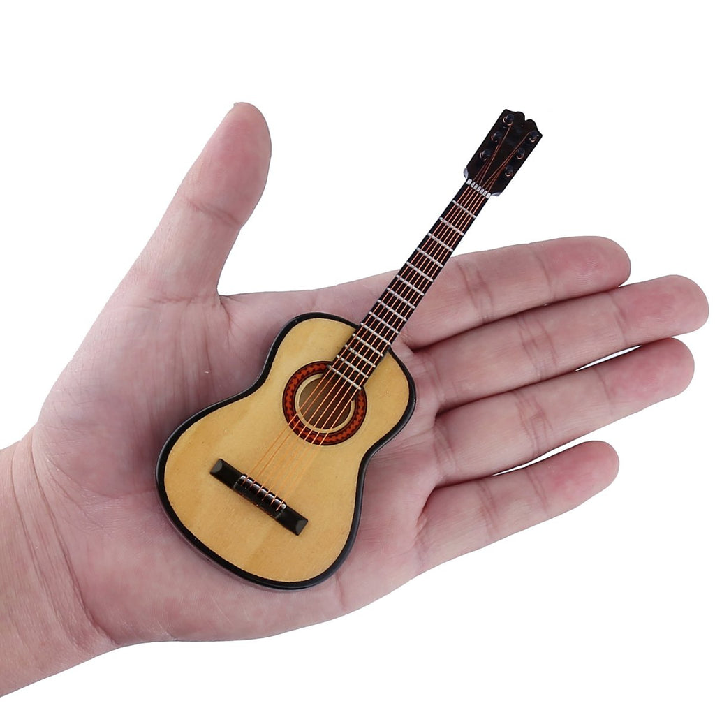 Wooden Miniature Guitar Replica with Stand and Red Velvet Case - 6 Strings, Non-Playable Collectible for Dollhouse or Shelf Display