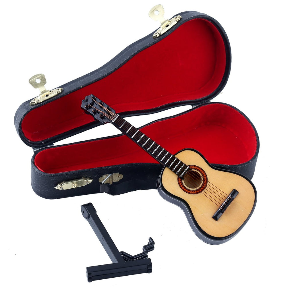 Wooden Miniature Guitar Replica with Stand and Red Velvet Case - 6 Strings, Non-Playable Collectible for Dollhouse or Shelf Display
