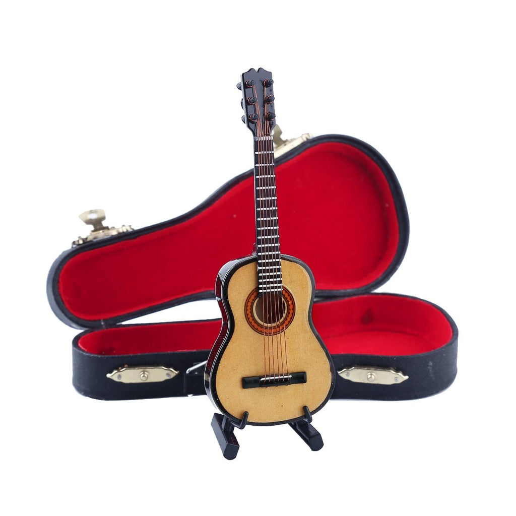 Wooden Miniature Guitar Replica with Stand and Red Velvet Case – Collectible Dollhouse Accessory, 5.12-Inch