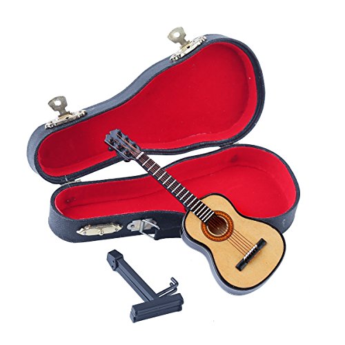 Wooden Miniature Guitar Replica with Stand and Red Velvet Case – Collectible Dollhouse Accessory, 5.12-Inch