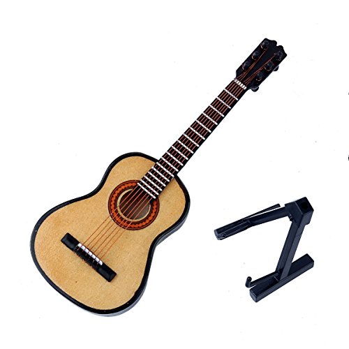 Wooden Miniature Guitar Replica with Stand and Red Velvet Case – Collectible Dollhouse Accessory, 5.12-Inch