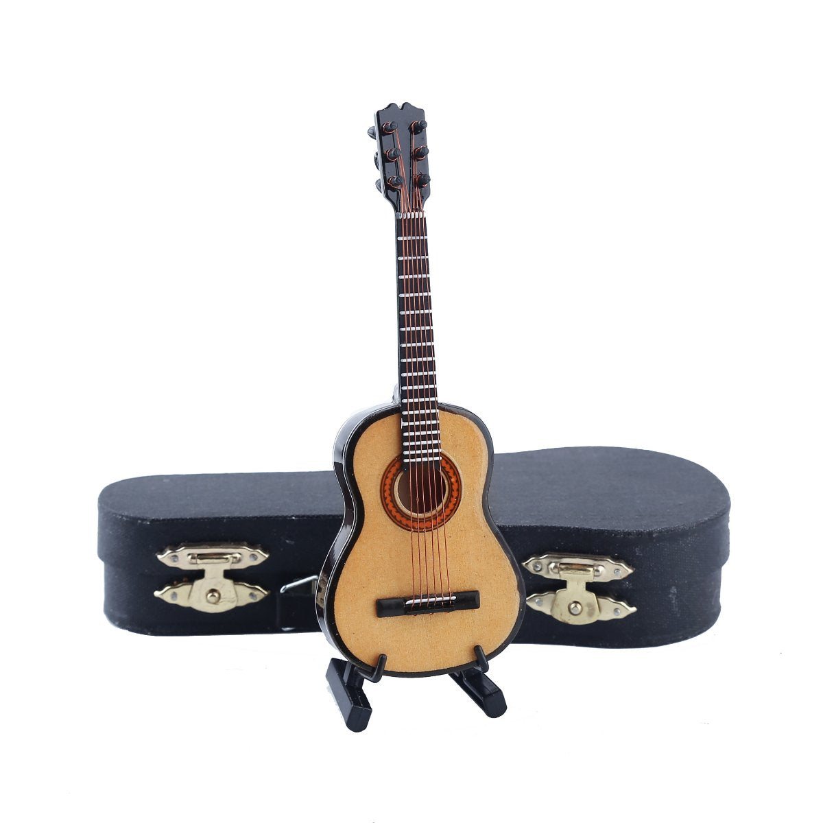 Wooden Miniature Guitar Replica with Stand and Red Velvet Case – Collectible Dollhouse Accessory, 5.12-Inch
