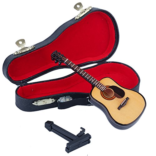 Wooden Miniature Guitar with Stand and Case - 5.12 Inch Acoustic Guitar Replica, Collectible Display Ornament for Home Decor, Dollhouse Accessory