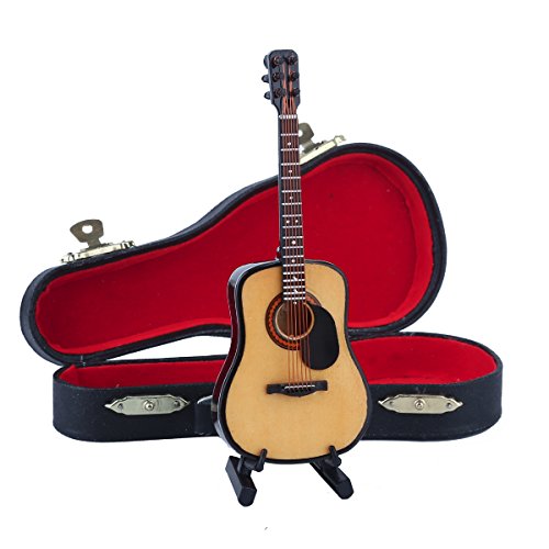 Wooden Miniature Guitar with Stand and Case - 5.12 Inch Acoustic Guitar Replica, Collectible Display Ornament for Home Decor, Dollhouse Accessory