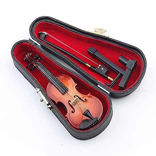 Wooden Miniature Violin Replica with Stand, Bow, and Case - Dollhouse Collectible Décor (3.94 inches)