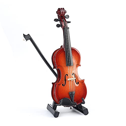 Wooden Miniature Violin Replica with Stand, Bow, and Case - Dollhouse Collectible Décor (3.94 inches)