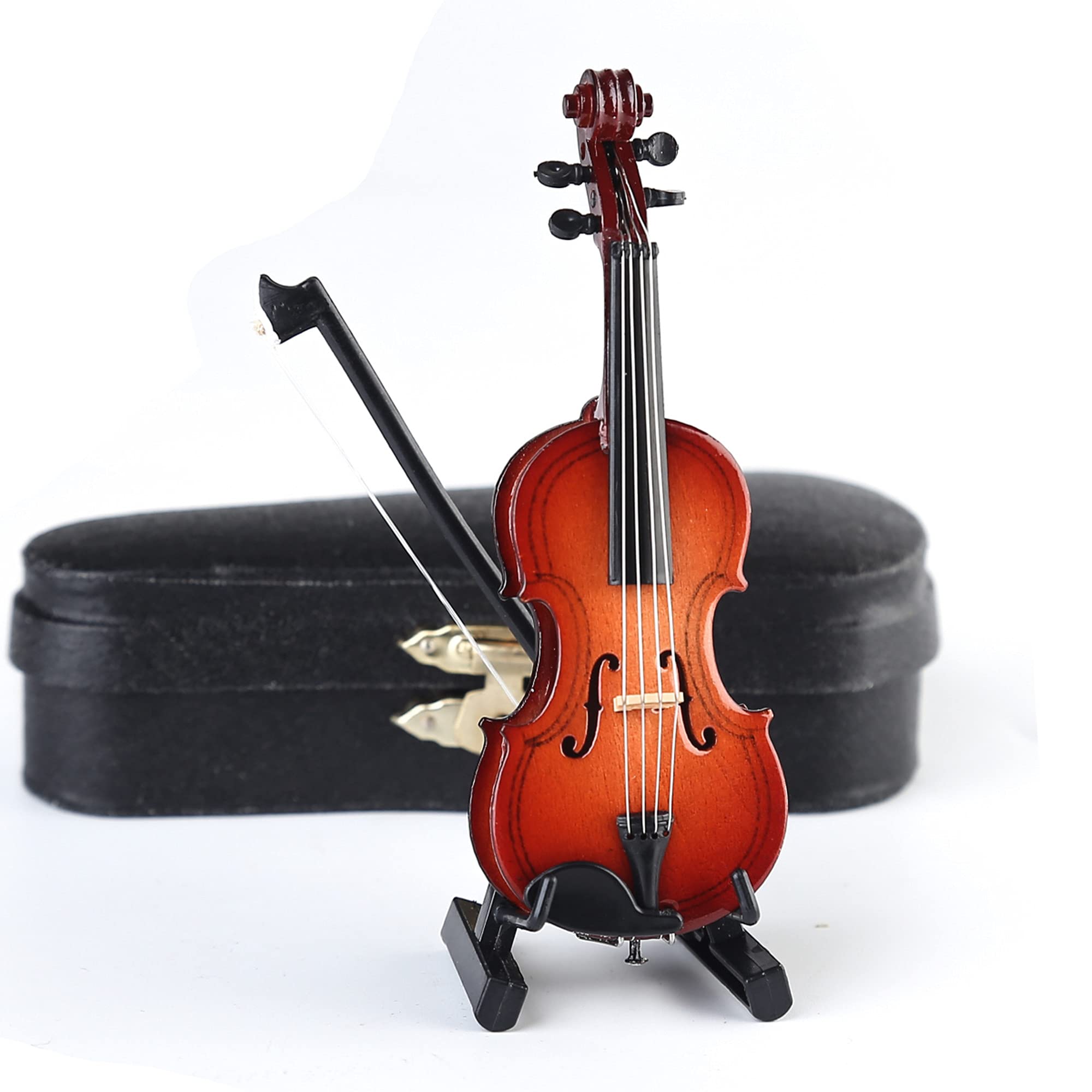 Wooden Miniature Violin Replica with Stand, Bow, and Case - Dollhouse Collectible Décor (3.94 inches)
