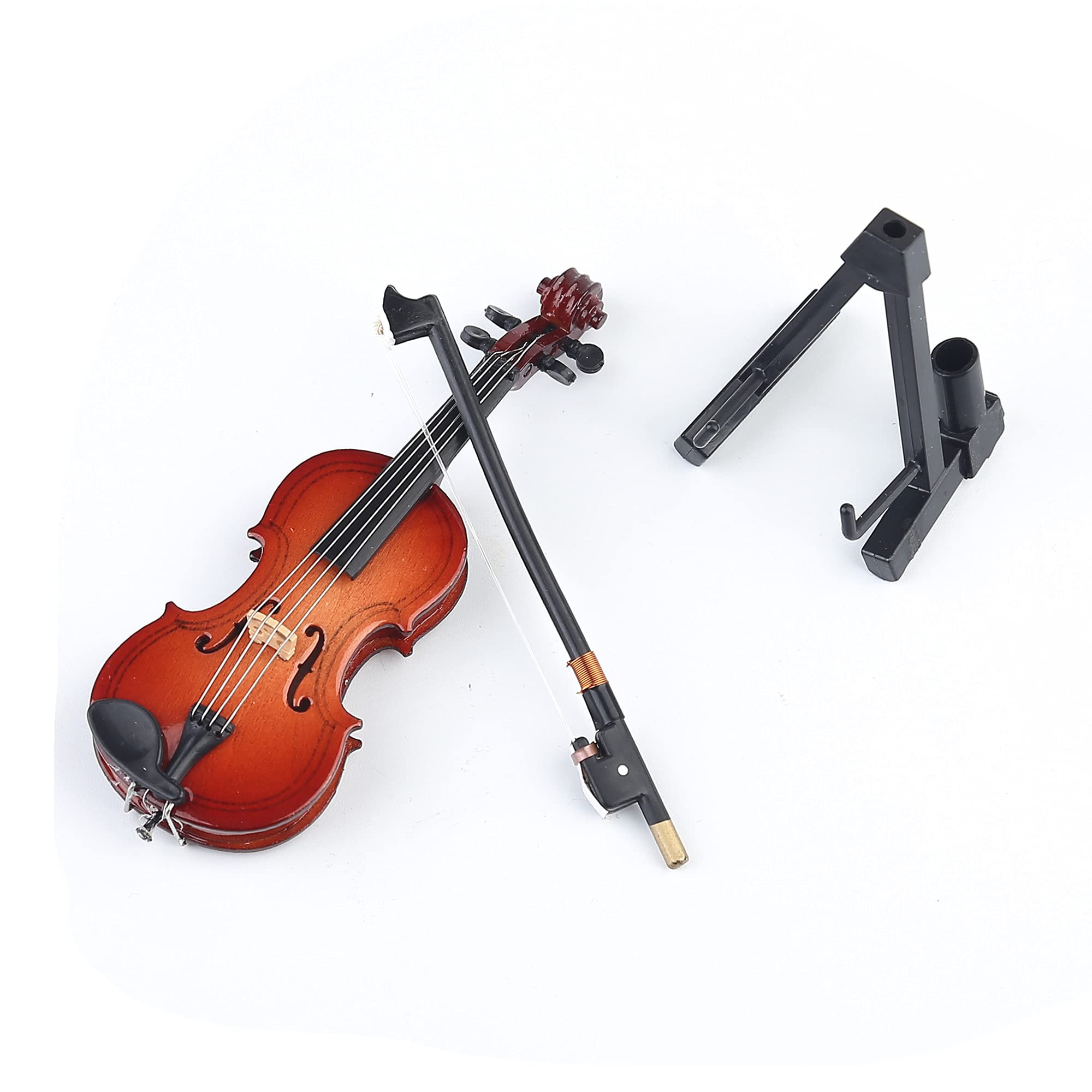 Wooden Miniature Violin Replica with Stand, Bow, and Case - Dollhouse Collectible Décor (3.94 inches)