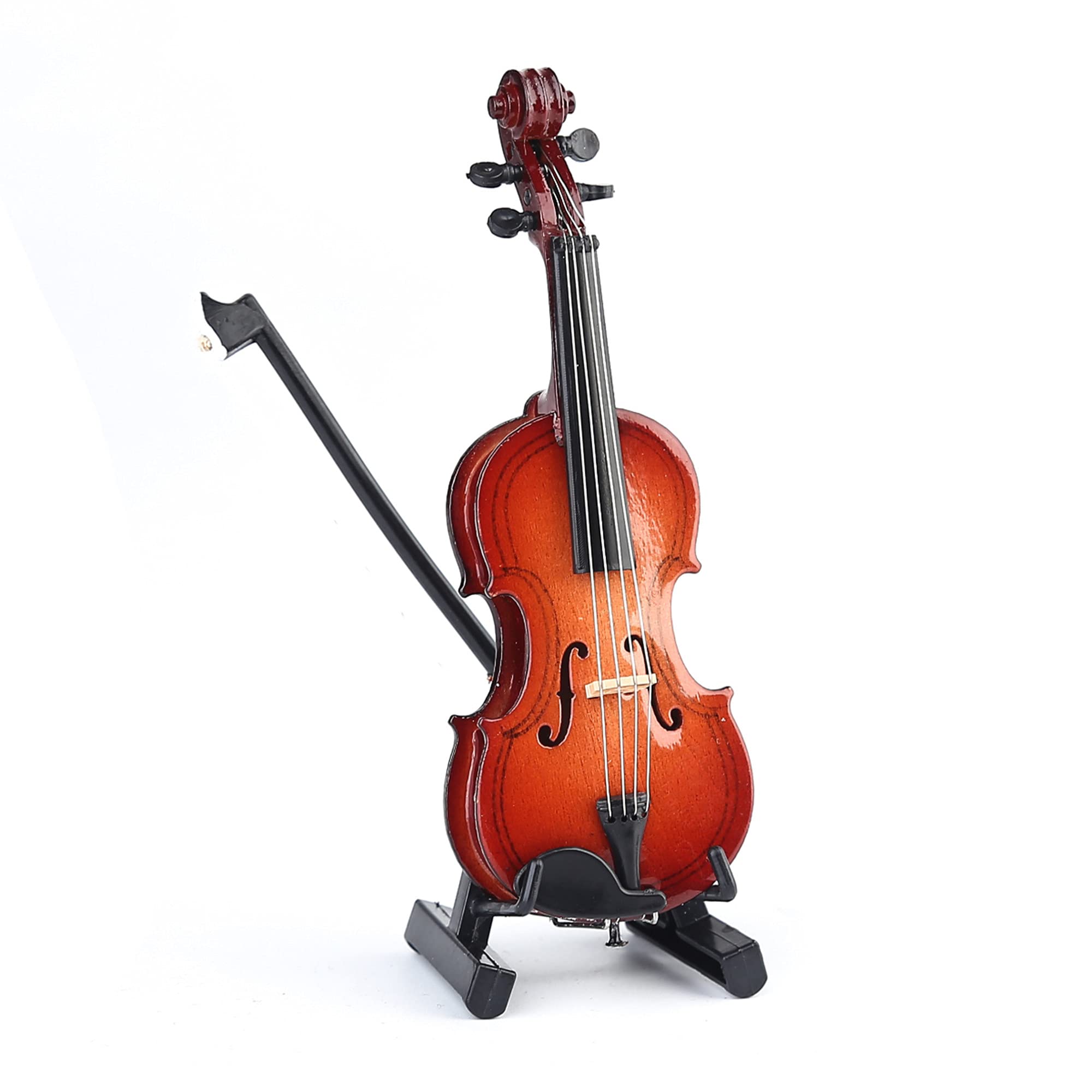 Wooden Miniature Violin Replica with Stand, Bow, and Case - Dollhouse Collectible Décor (3.94 inches)
