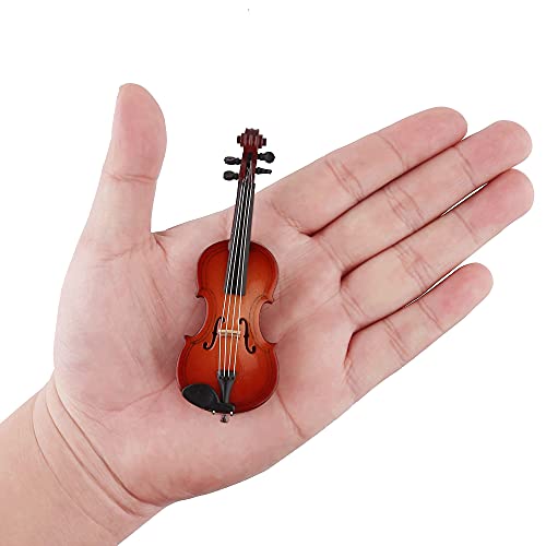 Wooden Miniature Violin Replica with Stand, Bow, and Case - Dollhouse Collectible Décor (3.94 inches)