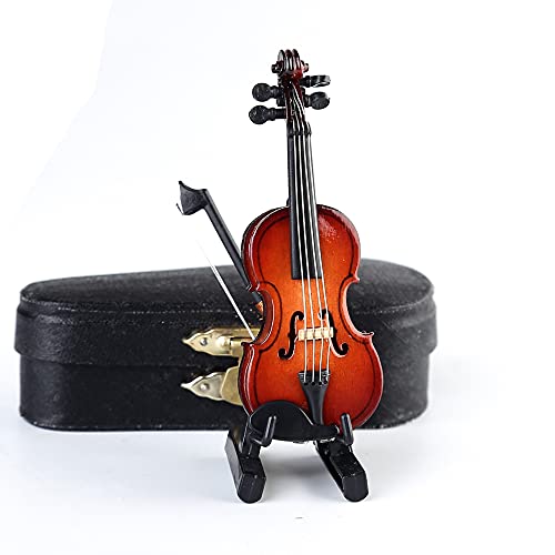 Wooden Miniature Violin with Stand, Bow and Case – 3.15 Inch Collectible Replica for Dollhouse Décor