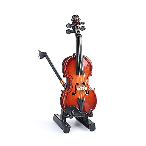 Wooden Miniature Violin with Stand, Bow and Case – 3.15 Inch Collectible Replica for Dollhouse Décor