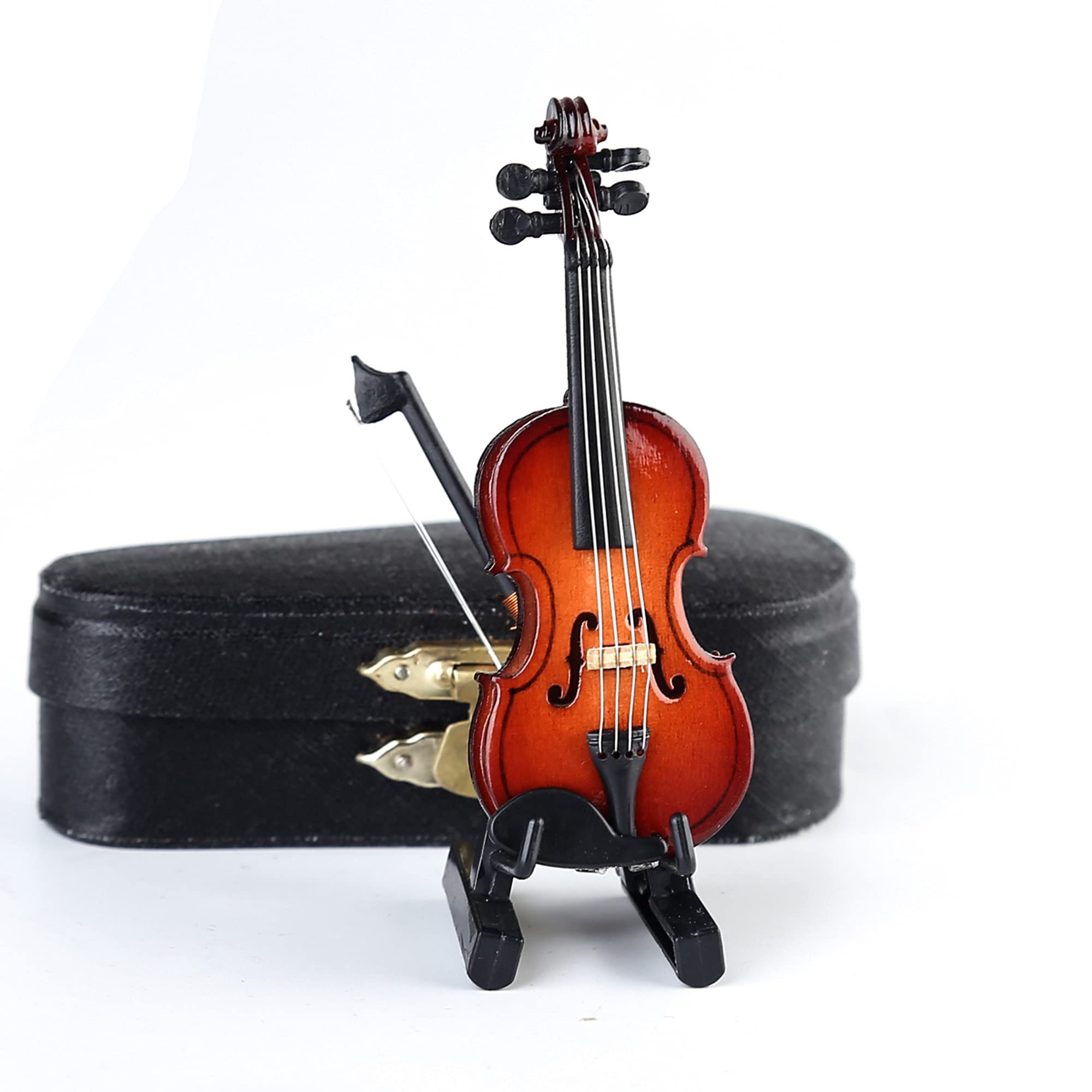 Wooden Miniature Violin with Stand, Bow and Case – 3.15 Inch Collectible Replica for Dollhouse Décor