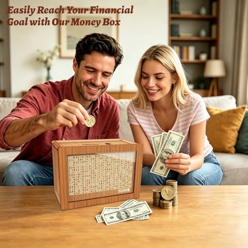 Wooden Money Saving Box with $10000 Savings Challenge – Brown Piggy Bank for Adults and Kids
