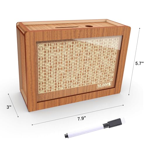 Wooden Money Saving Box with $10000 Savings Challenge – Brown Piggy Bank for Adults and Kids