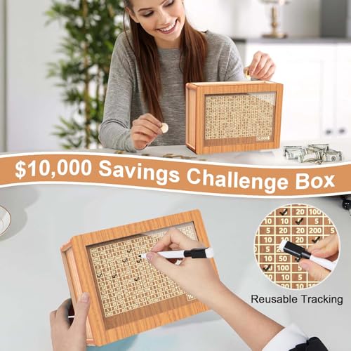 Wooden Money Saving Box with $10000 Savings Challenge – Brown Piggy Bank for Adults and Kids