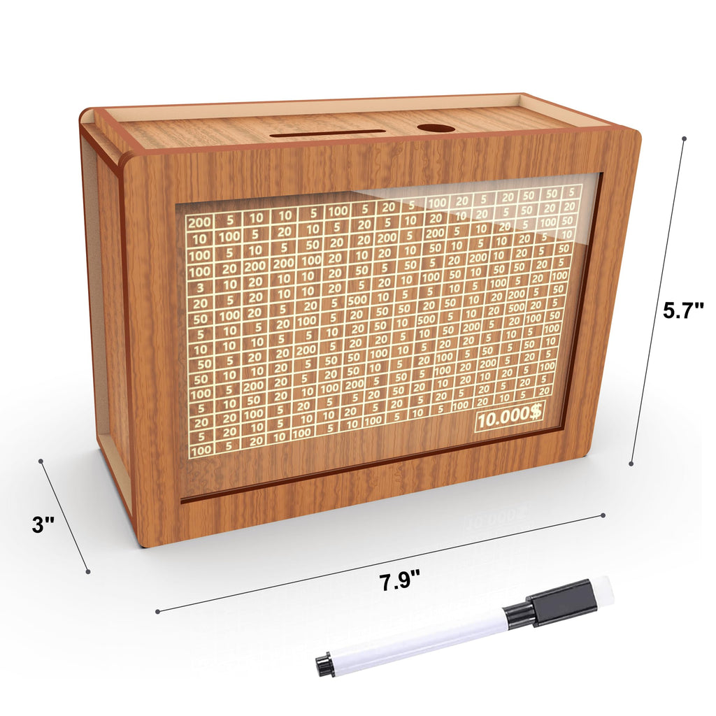 Wooden Money Saving Box with $10000 Savings Challenge – Brown Piggy Bank for Adults and Kids
