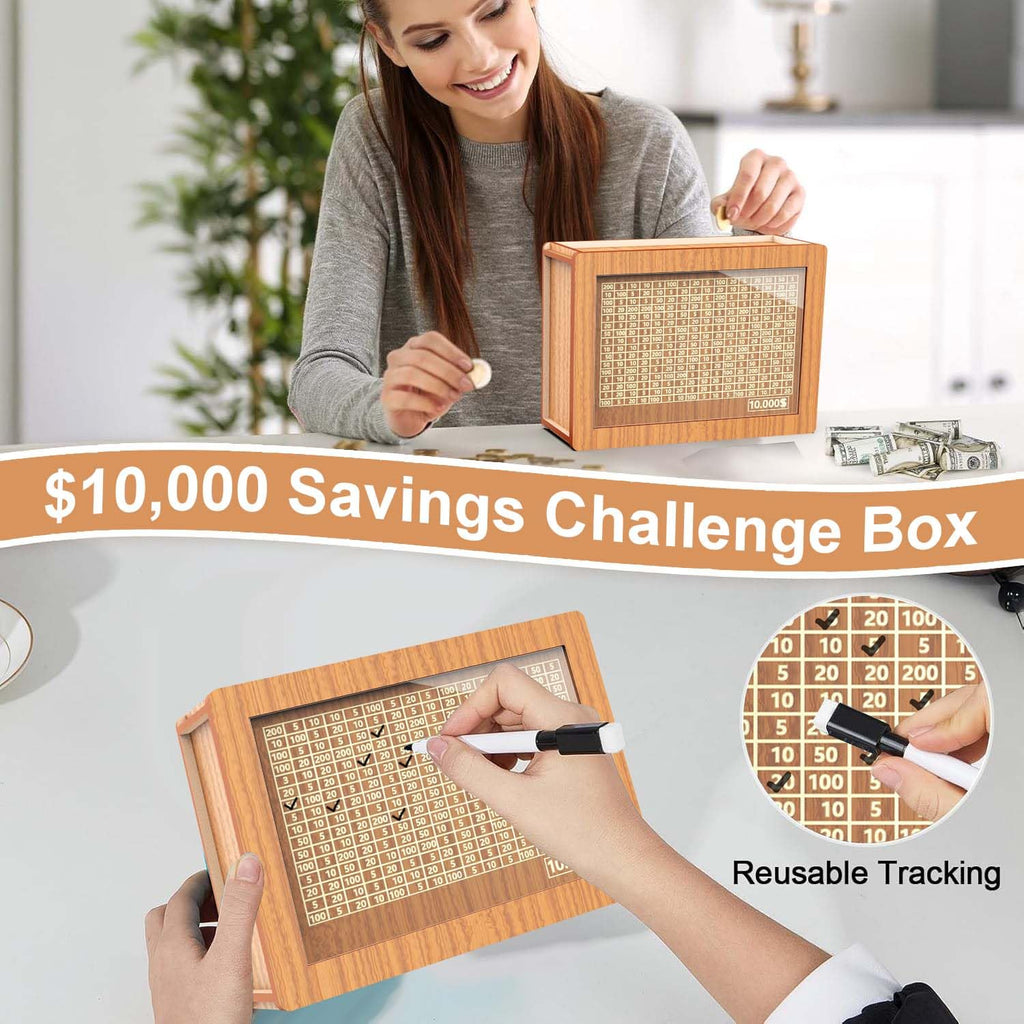 Wooden Money Saving Box with $10000 Savings Challenge – Brown Piggy Bank for Adults and Kids
