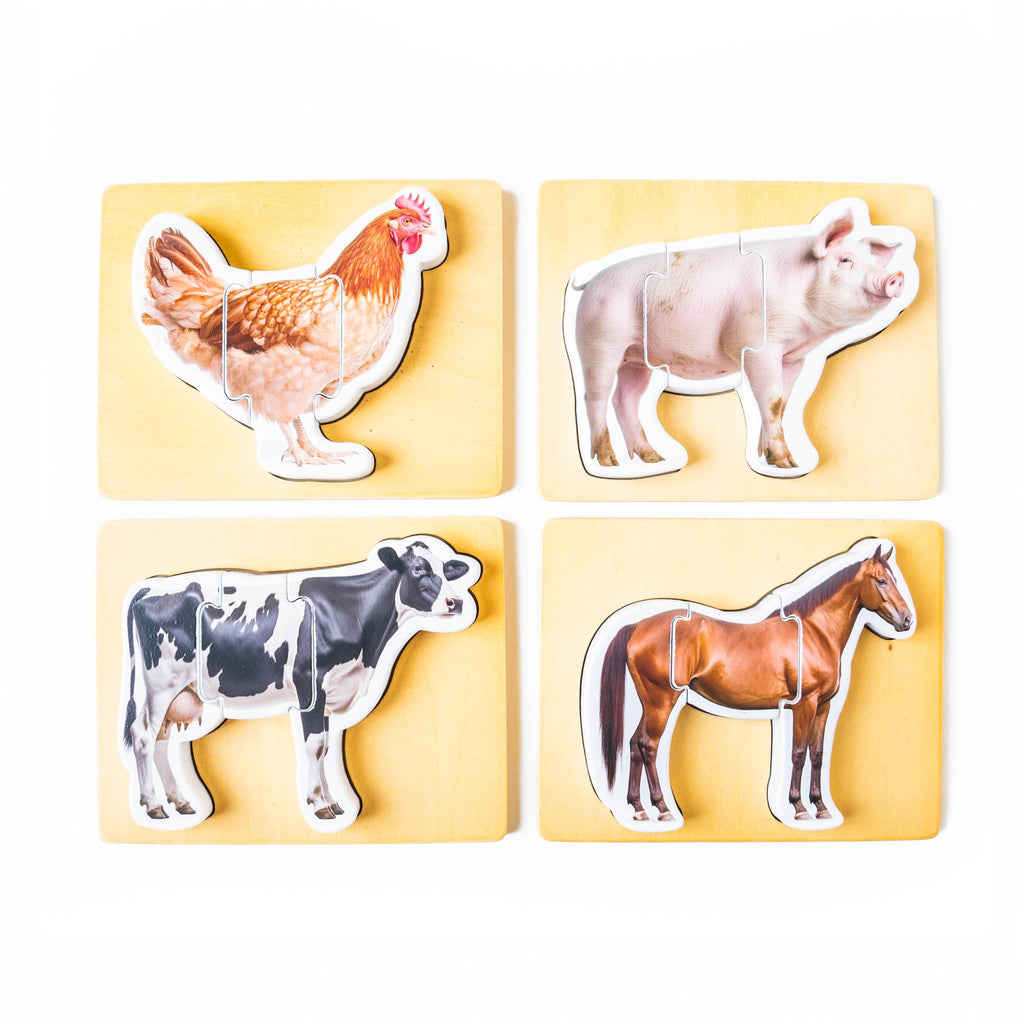 Wooden Montessori Animal Puzzles for Toddlers | Chunky Farm Animal Shape Puzzle Set of 4