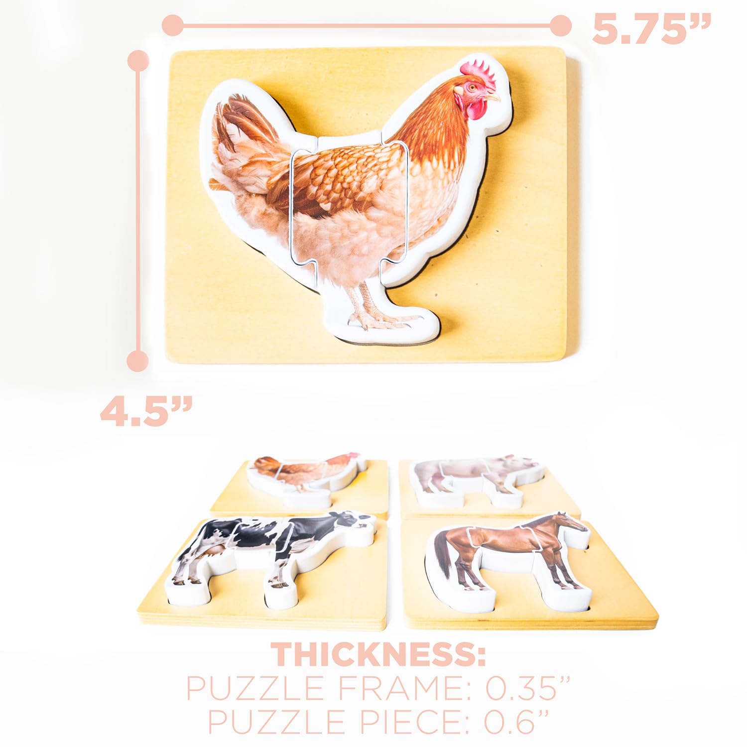Wooden Montessori Animal Puzzles for Toddlers | Chunky Farm Animal Shape Puzzle Set of 4