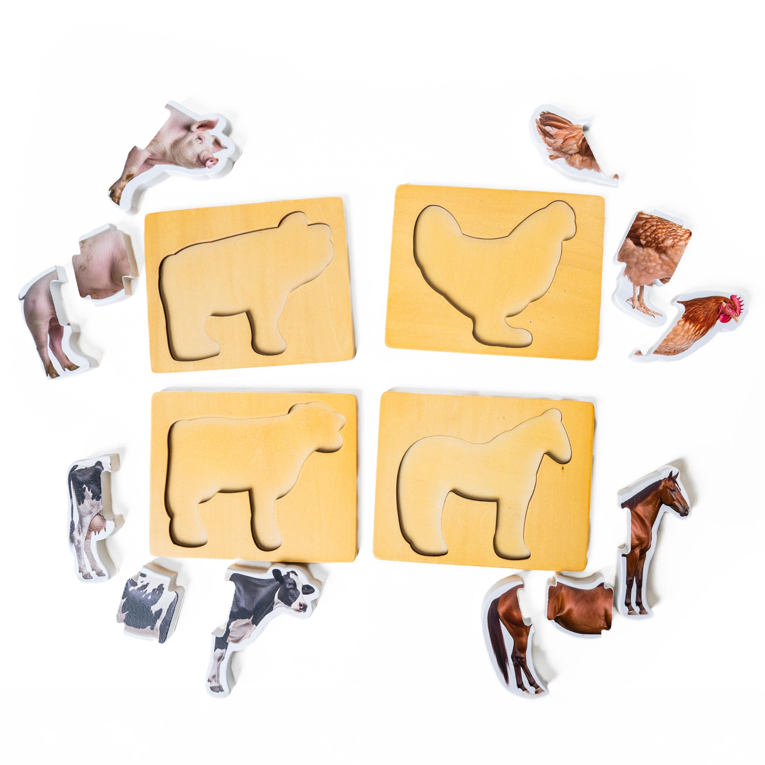 Wooden Montessori Animal Puzzles for Toddlers | Chunky Farm Animal Shape Puzzle Set of 4