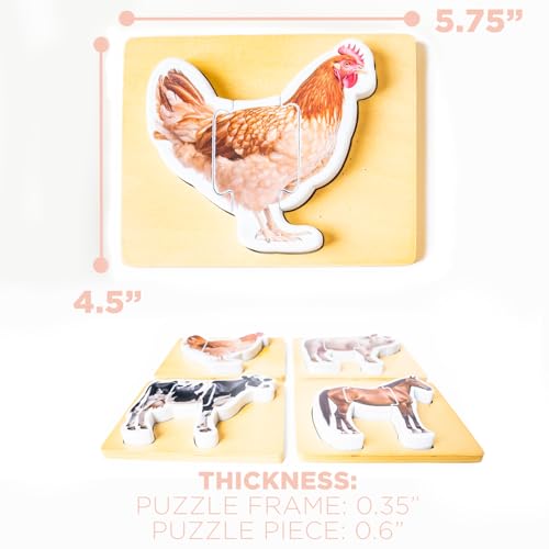 Wooden Montessori Animal Puzzles for Toddlers | Chunky Farm Animal Shape Puzzle Set of 4