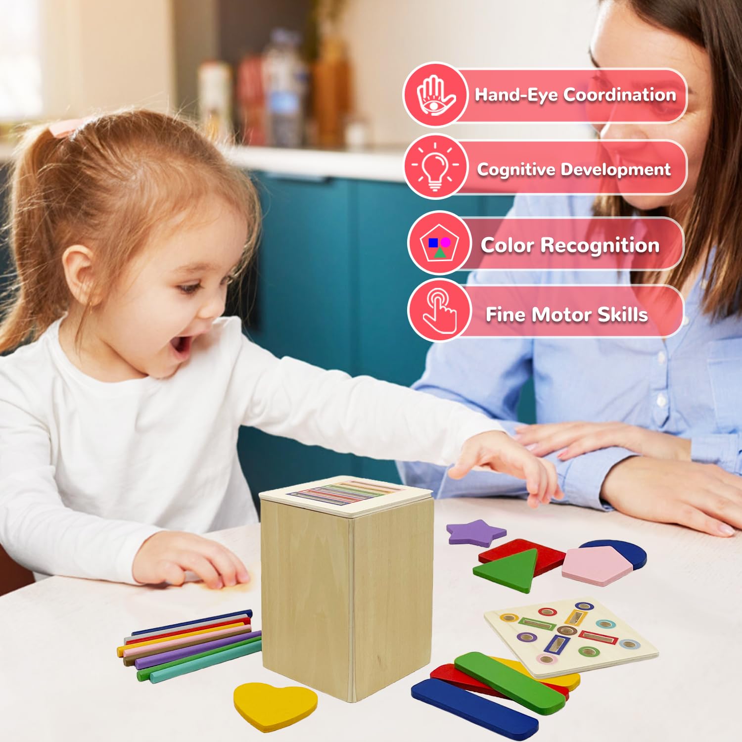 Wooden Montessori Sorting Toy for Toddlers - Color & Shape Matching Game, Fine Motor Skills Development (3-in-1)