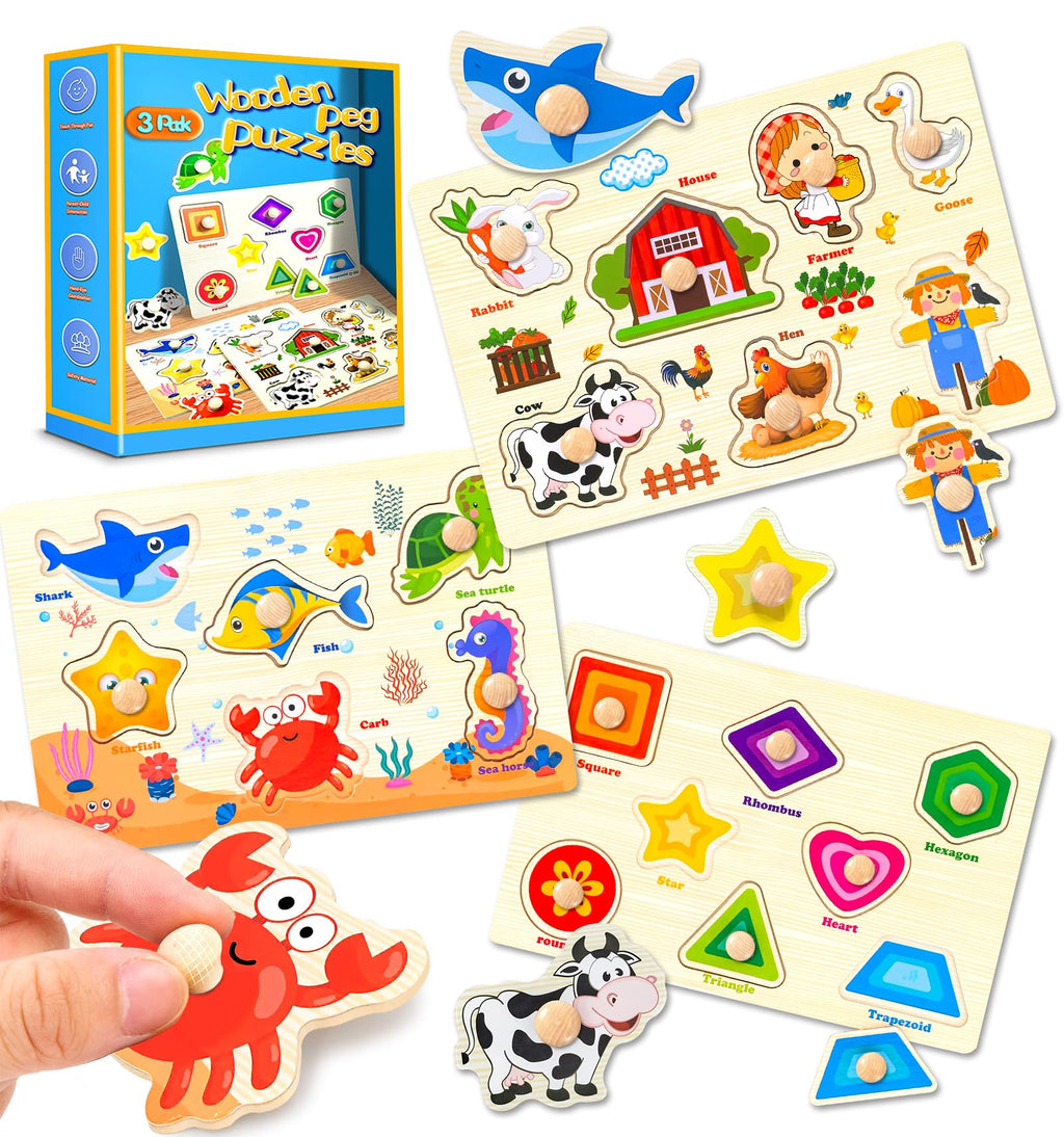Wooden Peg Puzzles for Toddlers 3-Pack: Shape, Farm & Sea Animals – Montessori Learning Toys by SIERLIKY