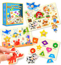 Wooden Peg Puzzles for Toddlers 3-Pack: Shape, Farm & Sea Animals – Montessori Learning Toys by SIERLIKY