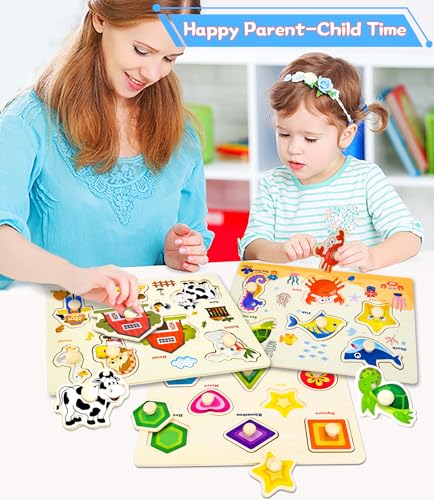 Wooden Peg Puzzles for Toddlers 3-Pack: Shape, Farm & Sea Animals – Montessori Learning Toys by SIERLIKY