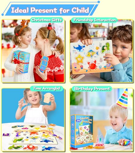 Wooden Peg Puzzles for Toddlers 3-Pack: Shape, Farm & Sea Animals – Montessori Learning Toys by SIERLIKY