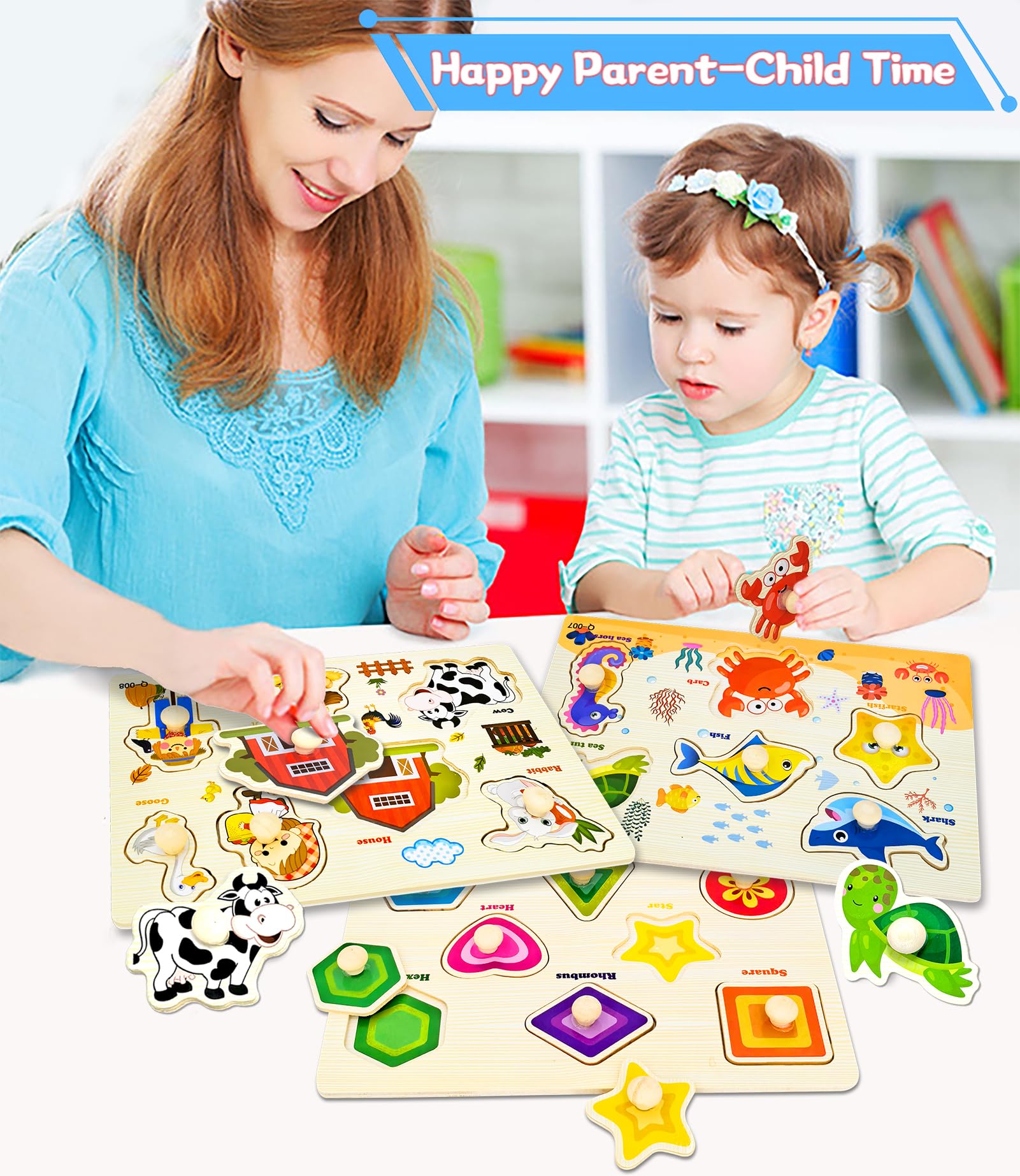 Wooden Peg Puzzles for Toddlers 3-Pack: Shape, Farm & Sea Animals – Montessori Learning Toys by SIERLIKY