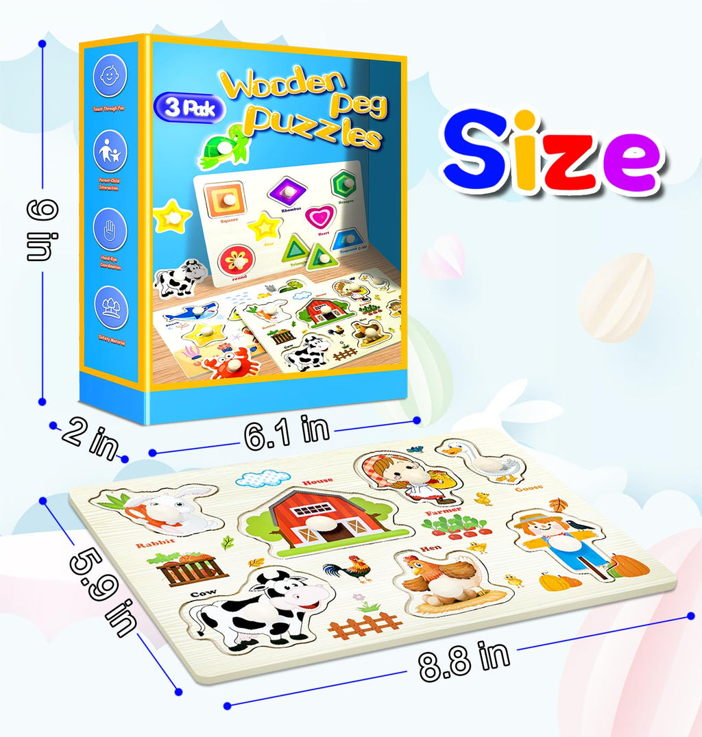 Wooden Peg Puzzles for Toddlers 3-Pack: Shape, Farm & Sea Animals – Montessori Learning Toys by SIERLIKY