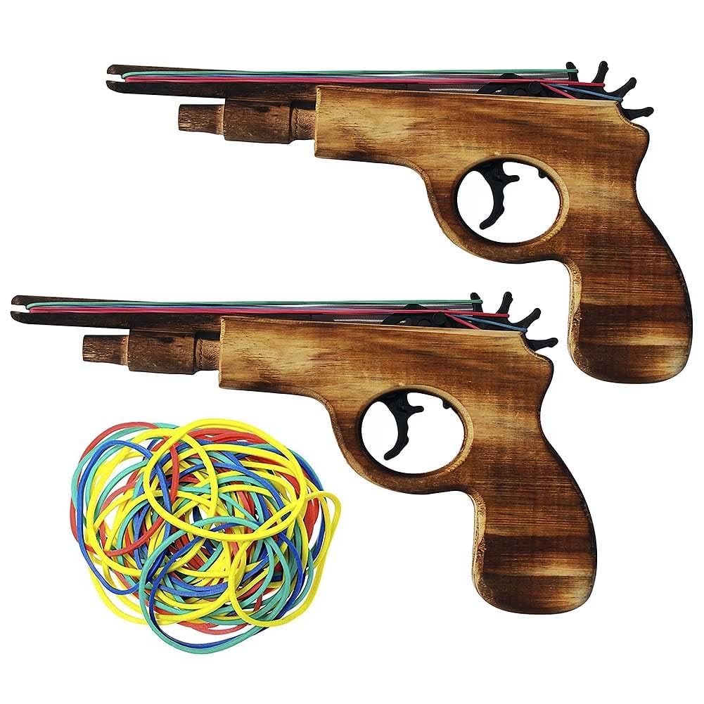 Wooden Rubber Band Gun Set – 2 Pack with 100 Bands, 9-Inch, Log Color Outdoor Toy