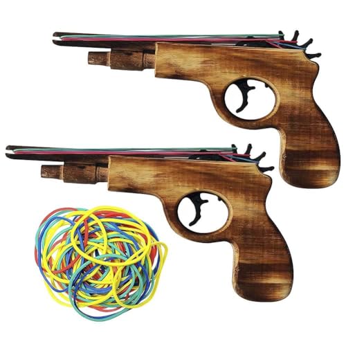 Wooden Rubber Band Gun Set – 2 Pack with 100 Bands, 9-Inch, Log Color Outdoor Toy