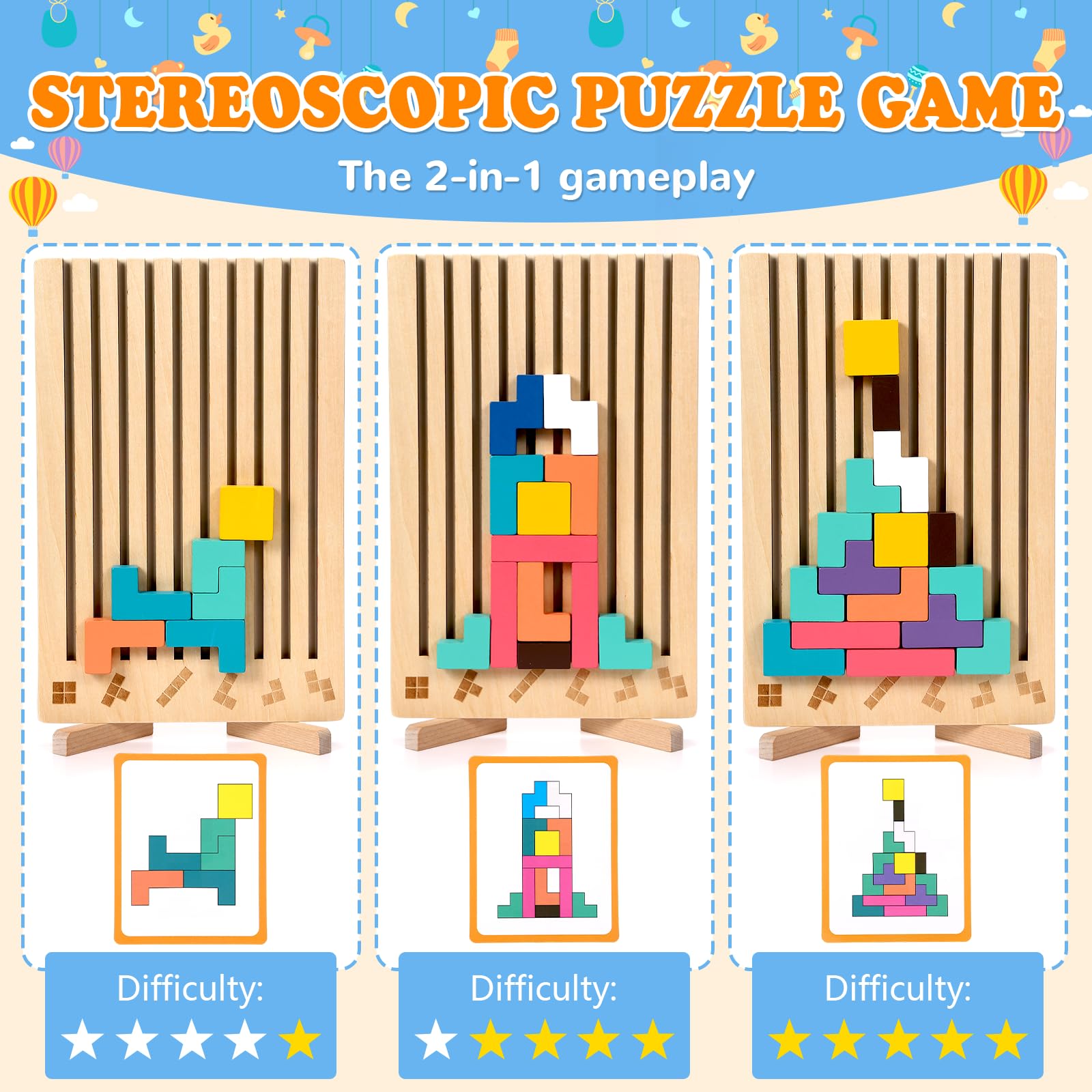 Wooden Stacking Puzzle Toy 42 Pcs - 3D Montessori Blocks for Kids 3+ | Brain Teaser Educational Gift