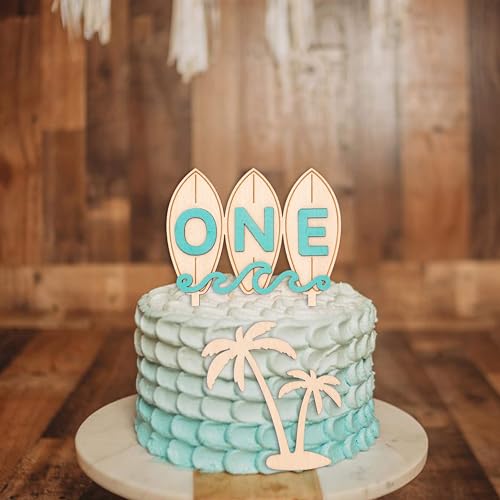 Wooden Surfboard ONE Cake Topper – Beach Theme First Birthday Decoration with Palm Tree
