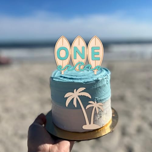 Wooden Surfboard ONE Cake Topper – Beach Theme First Birthday Decoration with Palm Tree