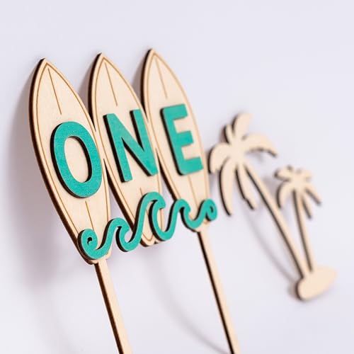 Wooden Surfboard ONE Cake Topper – Beach Theme First Birthday Decoration with Palm Tree