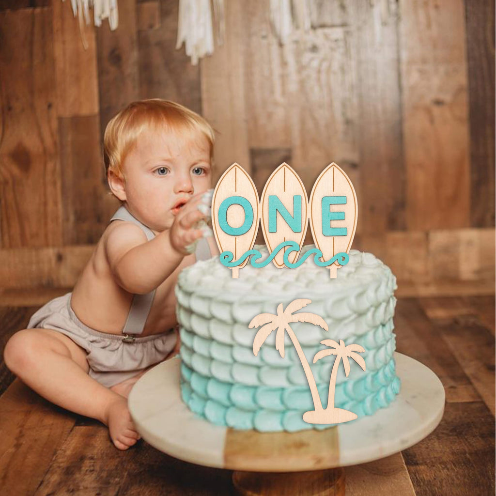 Wooden Surfboard ONE Cake Topper – Beach Theme First Birthday Decoration with Palm Tree