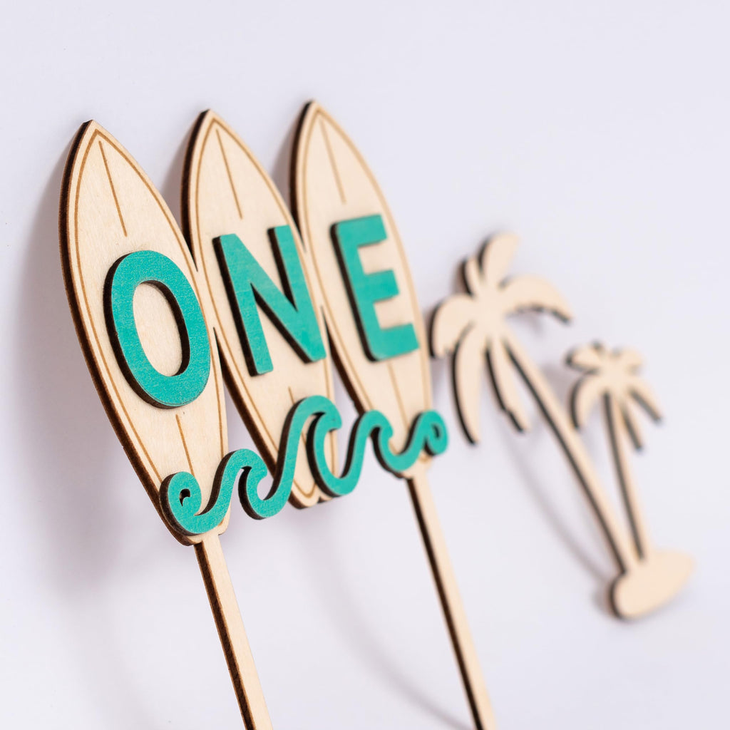 Wooden Surfboard ONE Cake Topper – Beach Theme First Birthday Decoration with Palm Tree