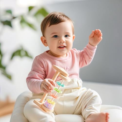 WOODEN TEETHER Wooden Rain Stick with Handle and Stand – Calming Sensory Toddler Toy for Ages 12+ Months
