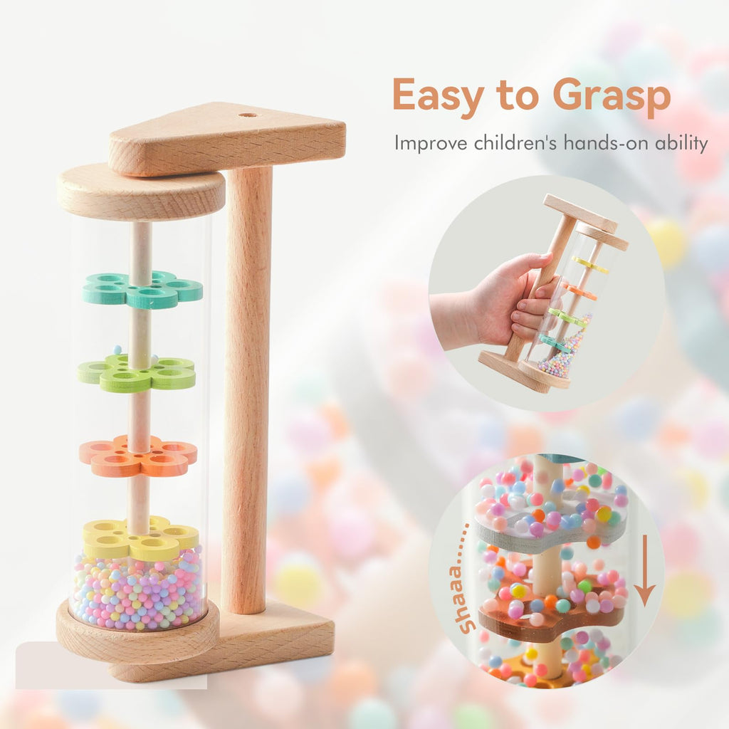 WOODEN TEETHER Wooden Rain Stick with Handle and Stand – Calming Sensory Toddler Toy for Ages 12+ Months