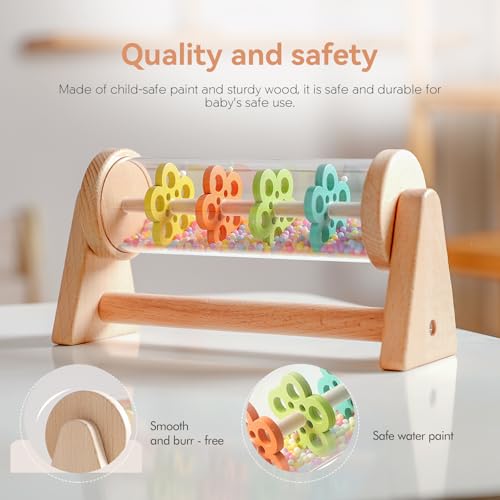 WOODEN TEETHER Wooden Rain Stick with Handle and Stand – Calming Sensory Toddler Toy for Ages 12+ Months